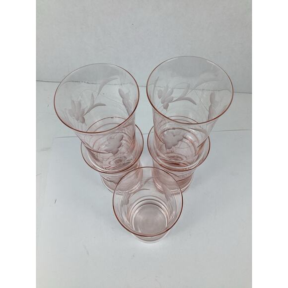 Pink Flower Etched Small Juice Glasses Depression Glass 3.5" Set Of 5 - Picture 2 of 4